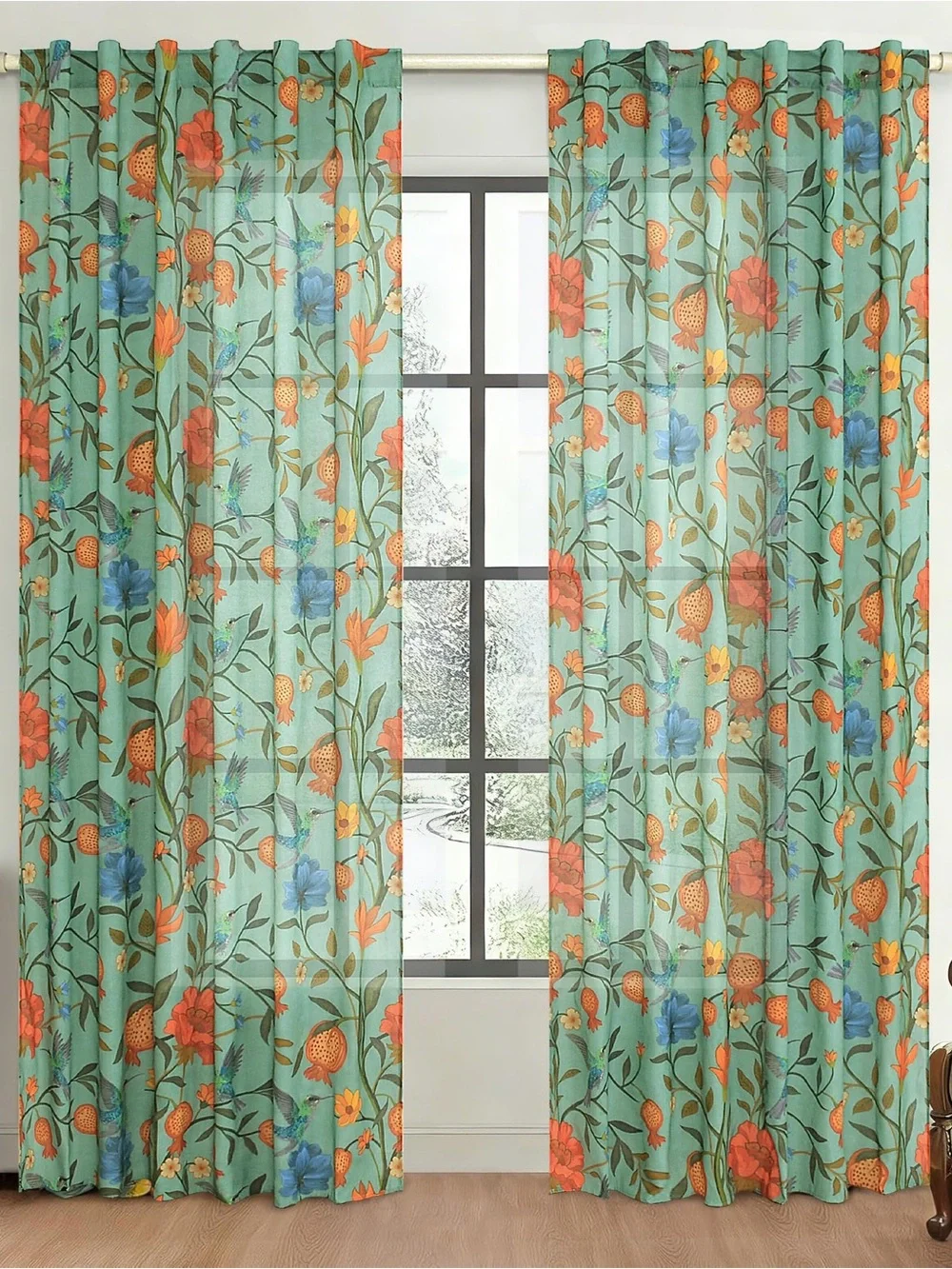 Floral Sheer Window Curtains in Teal with Orange & Blue Accents